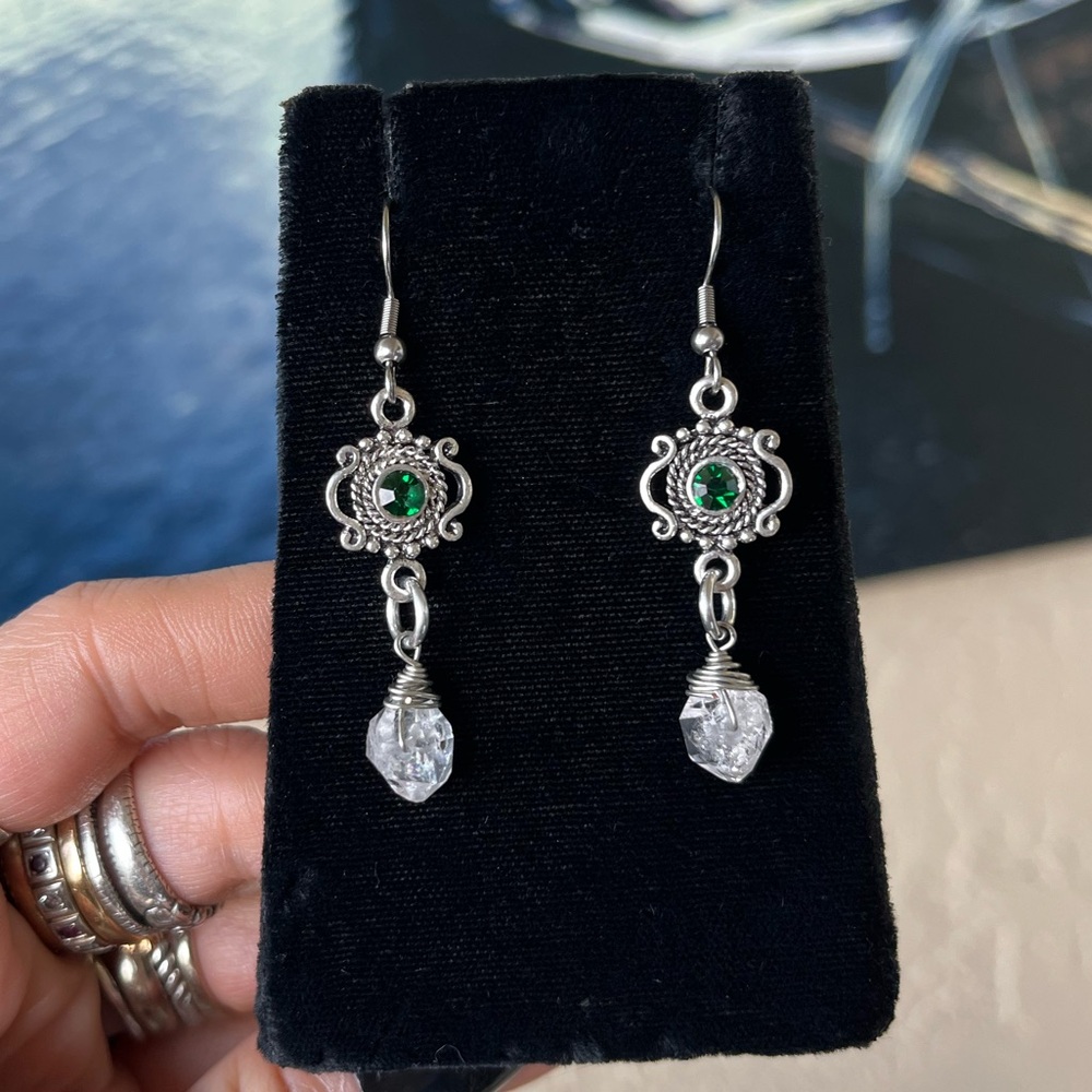 Genuine herkimer diamonds crystal quartz green cz emerauld dangly boho earrings - Picture 3 of 11